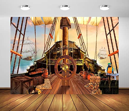BELECO 2.1x1.5m Stoff Vintage Piratenschiff Hintergrund Holzruder Schatztruhen Schatzkarte Fässer Papagei Ozean Segelschiff Nautische Piraten Hintergrund Piratenthema Partydekorationen Foto-Requisiten