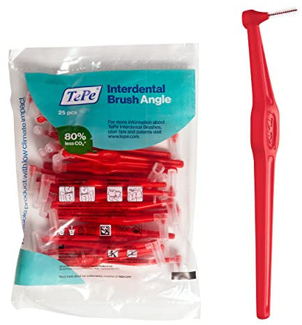 TePe Interdental Brush Angle, Angled Dental Brush for Teeth Cleaning, Pack of 25, 0.5 mm, Extra-Small/Small Gaps, Red, Size 2