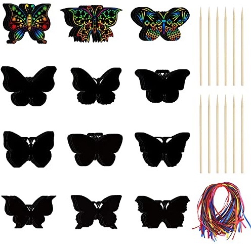 Keboyoe 48 Stück Schmetterling Kratzpapier mit Holzstäbchen und buntem Band Kratzbilder Kinder Set Kratzpapier Bastelset Kinder Regenbogen Kratzpapier für Kindergeburtstage DIY Geburtstagsfeier