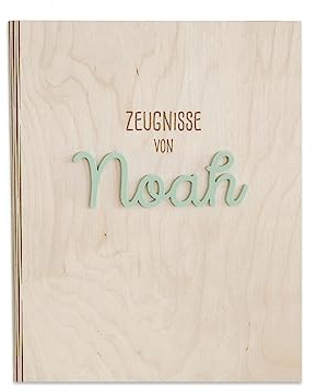 Personalisierte Zeugnismappe aus Birkenholz mit Acryl Namen - Individuelles Geschenk zur Einschulung - DIN A4 - Zeugnisringbuch Mädchen & Jungen - hellomini (Clean mint)