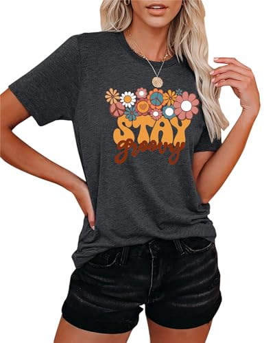 Damen T-Shirt Mit Blumendesign Hippie 60er 70er Jahre T-Shirt Sommer T-Shirt Tops Stay Groovy Shirt