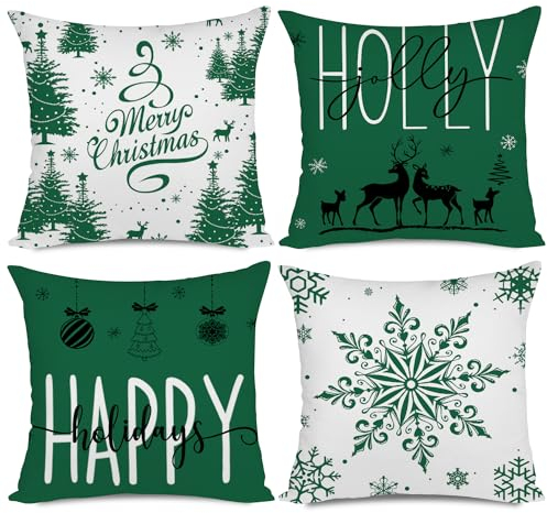 Miaikoe Grüne Weihnachten Kissenbezüge 50x50 Set von 4 Weihnachtsdekorationen Glückliche Feiertage Holly Jolly Schneeflocke Frohe Weihnachten Dekor Wurf Kissenbezug für Home Couch Sofa Deco