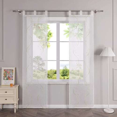 HeichkelL Schiebegardinen mit Schlaufen Transparent Schiebevorhänge Flächenvorhänge mit Wellen Stickerei 2er Set Gardinenschal Grün BxH 57x225 cm