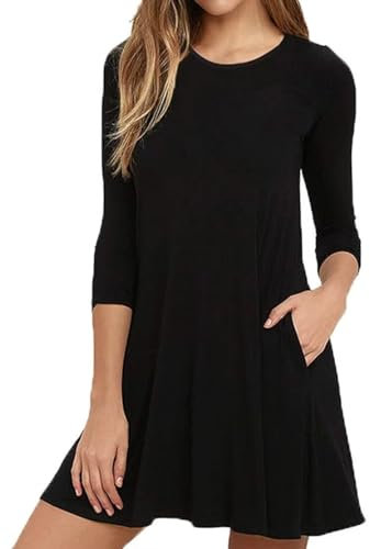 Anelune Women's A-line Tshirt Dress with Pockets, 3/4 Long Sleeve, Knee Length, Round Neck, Autumn Casual Wear Black