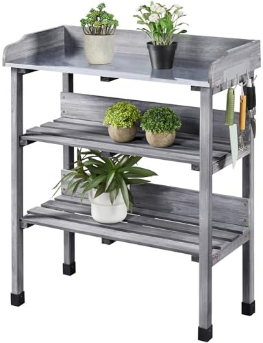 Yaheetech Mesa Jardinería 3 Niveles de Madera para Plantación 90cm de Altura con Superficie de Trabajo de Metal Impermeabilidad y Durabilidad Gris