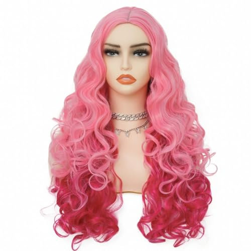 Salaibs Rosa Ombre Lockig Perücke Cosplsy Pink Lange Wellige Synthetische Hitzebeständige Haar Perücke für Frauen Bunt Synthetische Fasern 21-23 Perückenkappe