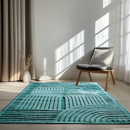 In & Outdoor Teppich Barcelona Wetterfest Balkon Boho Wohnzimmer Küche Skandinavisch Muster Einfarbig 3D Effekt Modern türkis Kreise Welle 200x280 cm