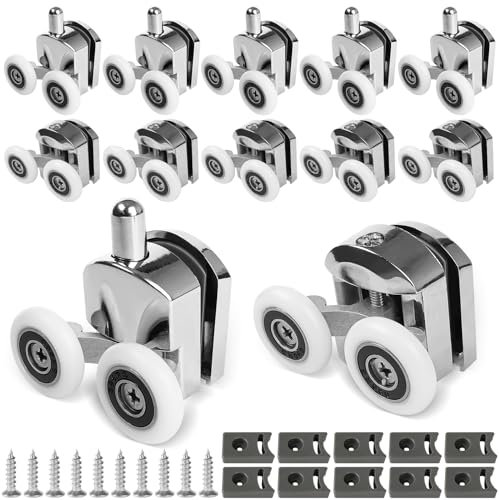 10 Pcs Zinc Alloy Shower Door Wheels - 23mm Curved Rollers with Anti-Collision Block and Screws for Bathroom Glass Doors