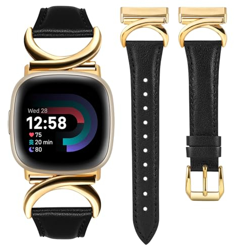 TOYOUTHS Lederarmband kompatibel mit Fibit Versa 4/Versa 3/Sense 2/Sense Armband Damen, Schlank Elegant Dressy Armbänder mit C-förmiger Schnalle für Versa 4 3 Sense 2, Schwarz/Gold