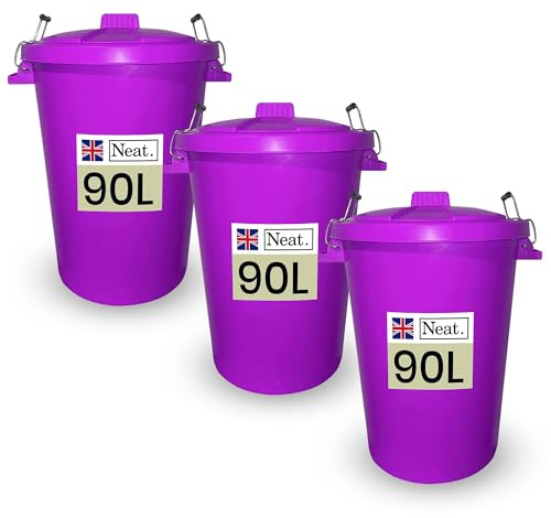 Neat. Heavy Duty Kitchen Bin with Lid - 90L Large Plastic Purple Bin, Outdoor/Indoor Dustbin, Metal Handle, 3Pack
