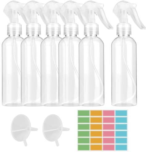 AILUYA Pack of 6 200 ml Spray Bottles, Fine Mist Spray Bottle with 24 Labels and 2 Funnels, PET Atomiser Spray Bottle, Water Spray Bottle for Home Cleaning, Garden, Hairdresser, Plants, Flowers