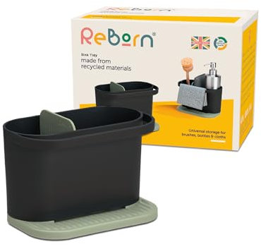 ReBorn - Recycled Sink Tidy - Kitchen Sink Organiser - Two Main Compartments - Integrated Dishcloth Rail - Ribbed, Sloping Base for Draining - Made in Britain (Sage Green & Charcoal Grey)