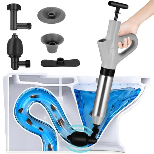 VoliVeeta Toilet Plunger Unblocker Heavy Duty UK, High Pressure Plunger Kit with 4 Replaceable Heads and Inflatable Footbed for Unblocking Kitchen/Bathroom/Sink/Toilet (Grey)