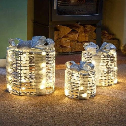 Marco Paul Set of 3 Light-Up Boxes – Battery-Operated LED Parcel Decorations with Silver Bows – 65 Warm White Lights, Timer Function – Indoor Xmas Present Ornaments