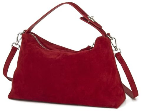 DONNAIN Lederhandtasche Damen Echtleder, Handtasche Damen Leder, Premium Wildleder Tasche aus Halbmondform, Umhängetasche Leder, Wildleder Handtasche mit verstellbarem Riemen, Rot