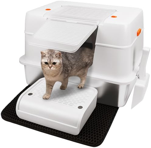 Vivifying Enclosed Stainless Steel Cat Litter Box with Lid, High-Sided, Removable and Metal Stainless Steel Cat Litter Tray with Scoop, Steps and Mat (Beige)