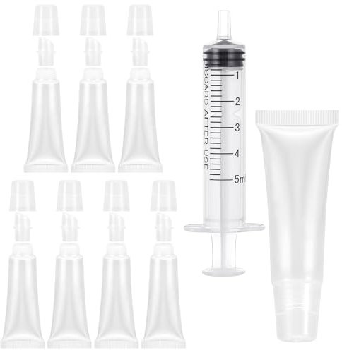 8 PCS 10ml Empty Clear Lip Gloss Tubes with 5ml Syringes, Refillable Squeeze Balm Containers for DIY and Travel Toiletries - Small Soft Cosmetic