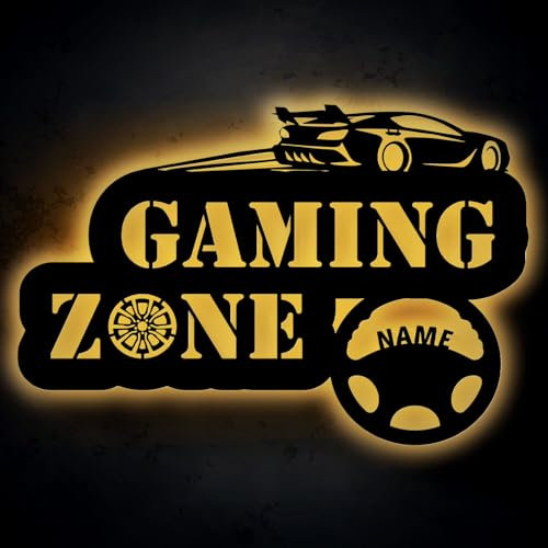 LEON FOLIEN Led Gaming Zone Schild - Auto Lenkrad - GT Car Gamer Wandlampe personalisiert Mit Name - Beleuchtung Deko - Besondere Geschenke für Videospiel Fans, Geschenk-Idee Sport Auto