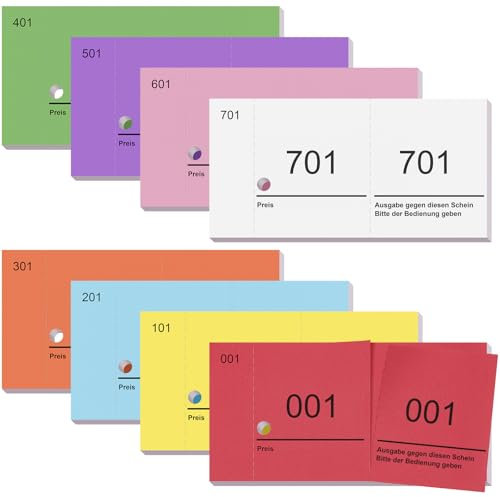 Nezyo Doppelnummern Blöcke 1-800 Lose Nummernblöcke Garderobenmarken Essensmarken Pfandmarken Großpackung Zahlenblöcke für Ausstellung Events Quittungsblöcke Raffle Ticket für Party Verlosungen(Bunt)