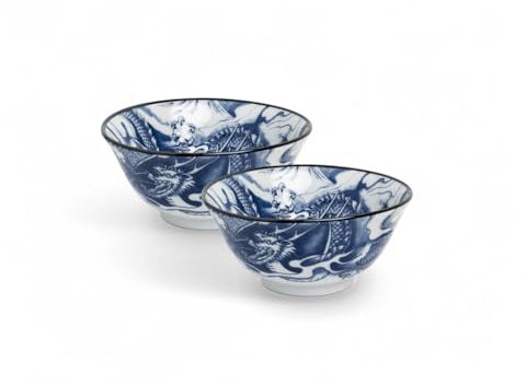 Japan-Bowls ASIATICA | Ramen Bowl Porzellan-Schalen 15 cm | Hochwertige asiatische Schüssel für Reis, Nudeln, Tapas, Udon, Müsli - Suppen-Schale mit japanischen Designs (2er Set Drachengott, blau)