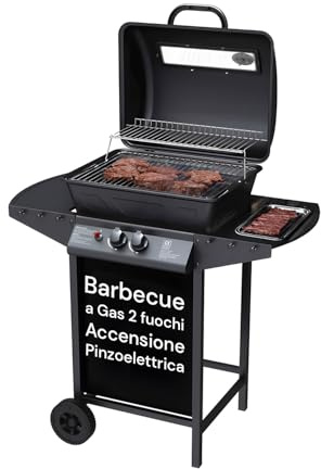 Avilia Barbecue a Gas 2 Fuochi John – BBQ da Esterno in Acciaio Nero Opaco con Griglia Inox, Termometro, Cappa, Ruote e Accensione Piezoelettrica, Barbecue a Gas Esterno Compatto