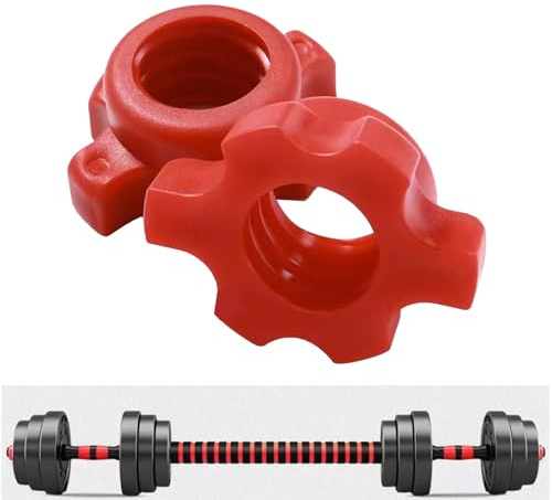 Beufee 2PCS Dumbbell Nuts, Hex Dumbbell Screw Anti Slip Plastic Red | Spinlock Collar Screw Red Spin Lock Collar Barbell Bar Hexagon Nuts Ends Anti-Slip Barbell Clips for Weightlifting Fitness