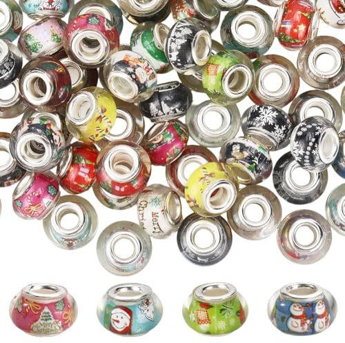 SOFPLATE 120 Stück Europäische Weihnachtsperlen Großes Loch Lampwork Perlen 14mm Harz Silber Messing Kerne Schneemann Weihnachtsbaum Design Lose Abstandshalter Charms Für Armbänder Halsketten Stifte