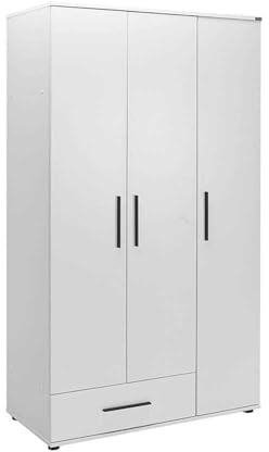 FWStyle 3 Door 1 Drawer Wardrobe – 187cm Large Matt White Bedroom Storage with Hanging Rail, Adjustable Shelves & Deep Drawer – Scratch & UV Resistant