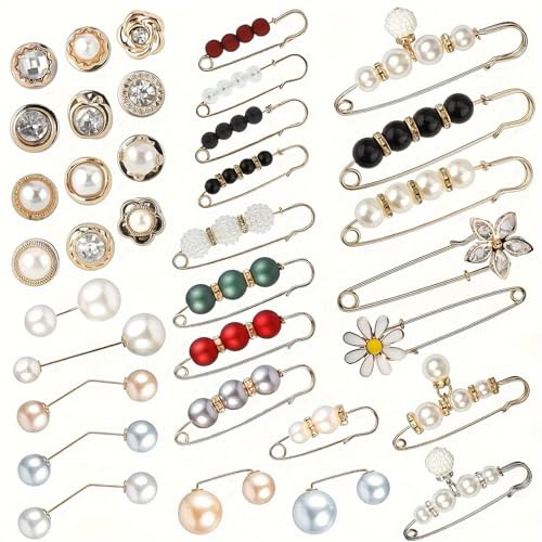 FAINCA 35 Piezas Imperdibles Broches de Imitación Broche de Perla | Imperdibles Grandes Disponible en Estilos Alfiler Plano Botón para Sujetar Cinturones Bufandas Chales