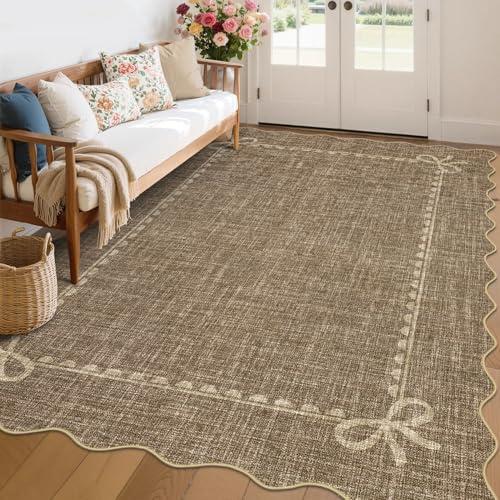 CAROMIO Waschbarer Teppich Wohnzimmer mit Wellenrand 160x230 cm Braun | ca. 6mm Ultradünn, Moderner Uni-Teppich für Schlafzimmer Kinderzimmer, Kurzflor, rutschfest, pflegeleicht, faltbar