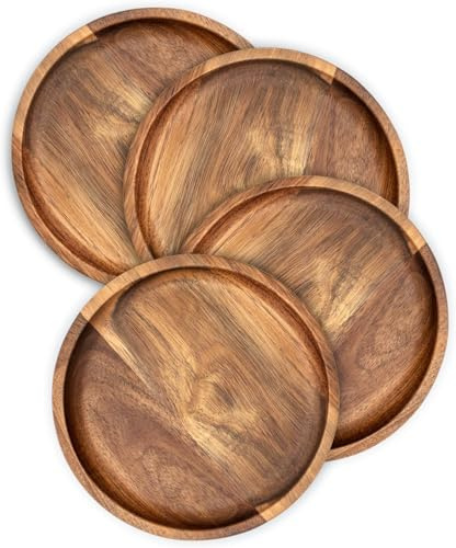JF JAMES.F Round Wooden Serving Tray Set of 4 – 17cm Acacia Wood Trays for Food Serving, Rustic Serving Platter, Kitchen Tray, Breakfast Board for Buffet, Picnic, Coffee Table & Home Decoration