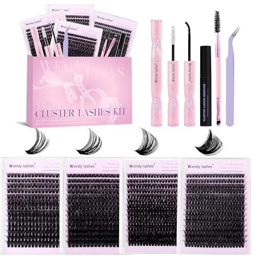 WENDY LASHES 8-Piece Lash Clusters Kit 50D 60D 80D 100D, D Curl 10-18mm | Clusters Lashes Soft Individual Eyelashes Lash Extension Kit with Bond&Seal,Glue Remover,Tweezers,Brush Makeup Gift Set