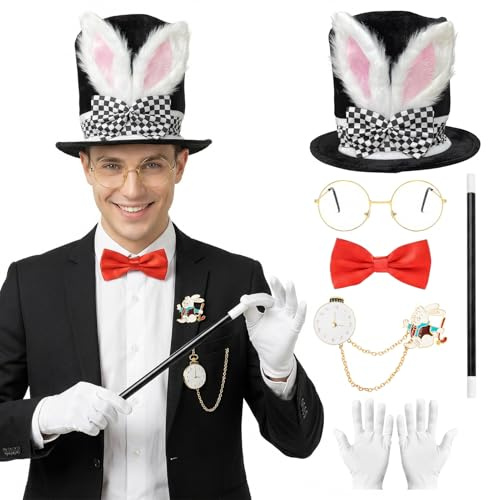 Apparlxer Weißes Kaninchen Kostüm Zubehör Set,Hasenkostüm mit Hasenohrenmütze Brosche Brille Fliege Stock Handschuhe,Weißes Hasenkostüm,Bunny Kostüm Erwachsene für Cosplay Ostern Karneval