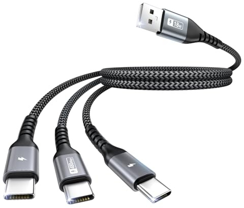 SUNGUY USB auf USB C kabel 0.6m, QC 3.0 USB-C Splitterkabel 3 in 1 kabel mit 3 Typ-C Anschlüssen Nylon für i-Phone 17/16/15 Series, Galaxy S25 S24, LG, Huawei, Google, Sony, Xiaomi, Honor