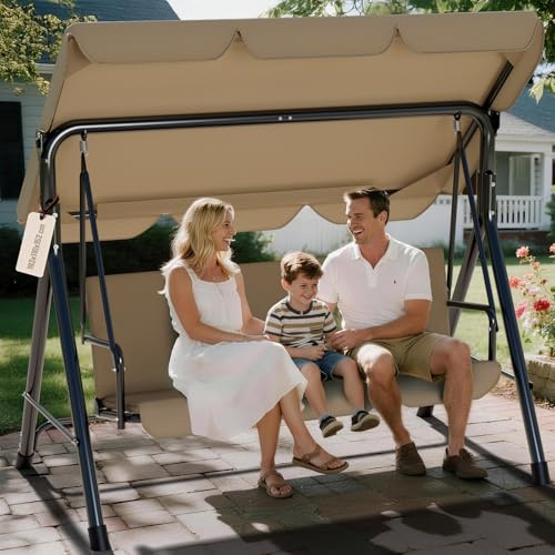 Soontrans Hollywoodschaukel 3-Sitzer für Entspannte Nachmittag im Garten, Gartenschaukel mit Polsterauflage & Verstellbarem Sonnendach, aus Stahlgestell & Textilene-Gewebe (193 x 110 x 152 cm, Braun)