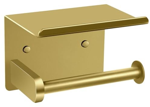 Toilet Roll Holder,Screw/Self Adhesive Toilet Roll Holder for Bathroom | 2 in 1 Toilet Paper Roll Holder with Shelf,Golden Toilet Tissue Holder Wall Mounted,Toilet Paper Holder for Bathroom/Washroom