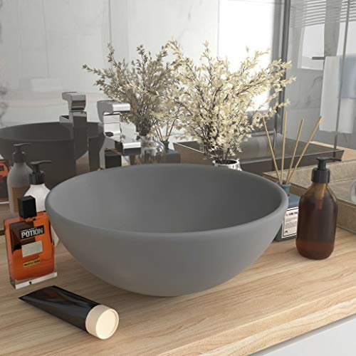 Mokuyary Lavabo rond de luxe de salle Gris clair mat 32,5x14cm Céramique Lavabo, Vasque à Poser au-dessus du Comptoir pour Salle de Bains, WC d'invités, Hôtel, Toilettes