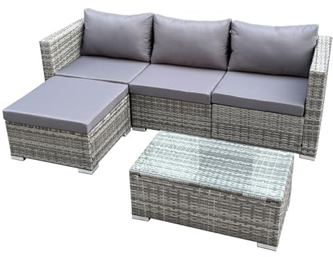 SVITA Queens Gartenlounge 5-teilig Polyrattan Lounge Set wetterfest Garten Terrasse Balkon inkl. Kissen Glas Tisch Grau