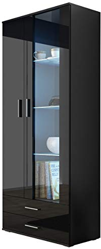 Vitrine mit Blauer LED Beleuchtung SOHO S6 Vitrinenschrank Standvitrine Stauraumvitrine Glasvitrine Schrank Wohnzimmerschrank (Schwarz/Schwarz Hochglanz)
