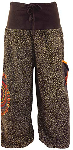 GURU SHOP Weite Pluderhose mit Breitem Bund, Mandalastickerei - Schokobraun, Damen, Baumwolle, Size:L/XL