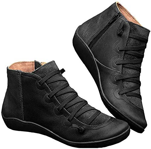 Kinloy Damen Leder Winter rutschfeste Schnürstiefel Bequemer Reißverschluss wasserdichte Vintage Elastische Knöchelschuhe Schwarz 39 EU