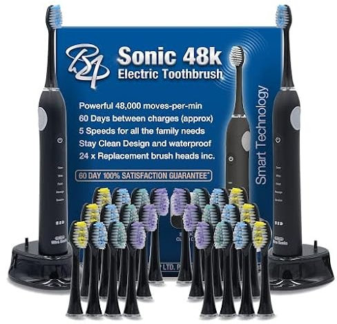 B4 Sonic Electric Toothbrushes, Black Twin Pack, Powerful 50 Days Charge, Inc 24 Brush Heads