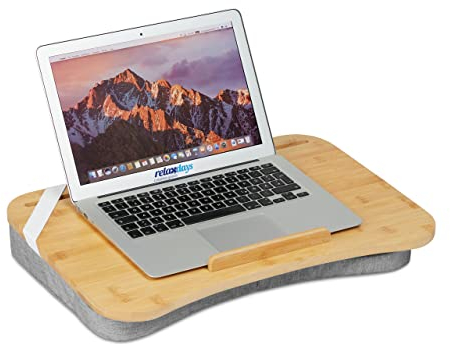 Relaxdays Bandeja Ordenador Portátil con Cojín Espuma Memoria, 51 x 36 cm, Cama, Sofá, Coche, Asa, Madera Natural y Gris, Bambú
