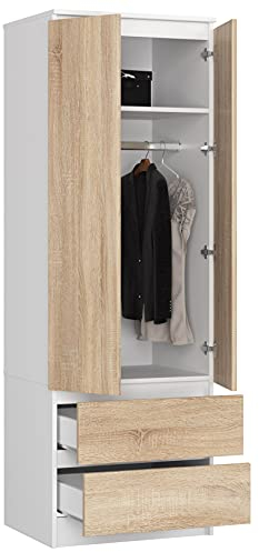BDW Kleiderschrank mit 2 Türen, 2-türiger Kleiderschrank, 2 Schubladen - Aufbewahrungsschrank - Moderner Schrank für Schlafzimmer, Wohnzimmer, Flur, Kinderzimmer - 180x60x51cm - Weiß Sonoma