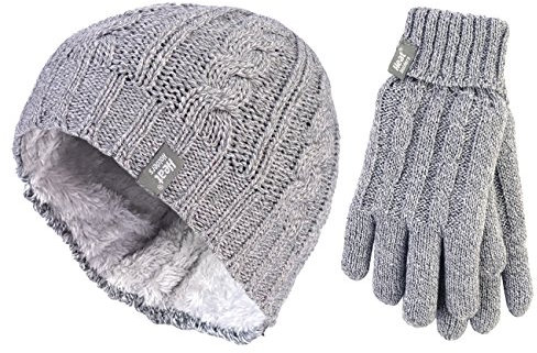 HEAT HOLDERS - Damen Mütze und Handschuh-Set für Winter | Extra Warm Beanie und Mütze mit Fleece Gefüttert (M-L, Hellgrau)