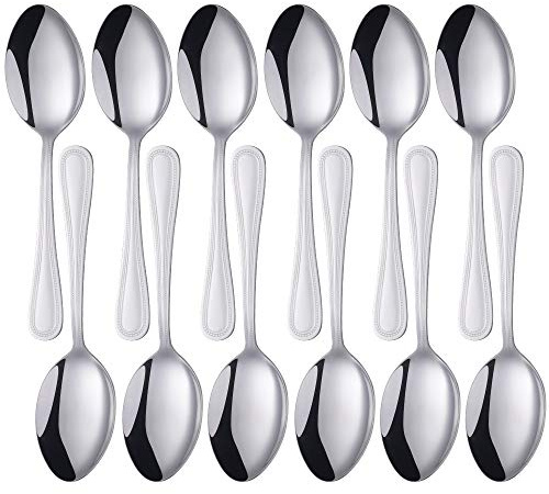 SUNSENGEUR 12-Piece Stainless Steel Dinner Spoons, Stainless Steel Dinner Spoons Set, Table Spoon Dessert Spoons for Home, Kitchen with Bead Pattern - 19.6 cm, Silver