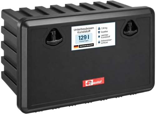FTsolid Unterbaubox 129L Staukasten LKW Anhänger – 800x500x460 mm | Abschließbarer Einhandverschluss mit 2 Schlüsseln – schlagfestes Polypropylen, UV-stabil & spritzwassergeschützt