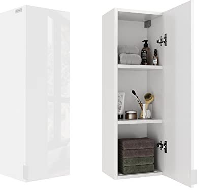 PLATAN ROOM Badezimmerschrank 60-90-120-150 H x 30B x 25T cm hängend Badschrank mit Soft-Close Bad Badezimmermöbel Hochschrank Hochglanz Weiß (Weiß Matt/Weiß Hochglanz, 90 x 30 x 25)