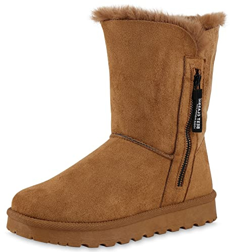 VAN HILL Damen Warm Gefütterte Winter Boots Stiefeletten Flache Zipper Schuhe Bequeme Profilsohle Booties Kunstfell Winterschuhe 209055 Hellbraun 40