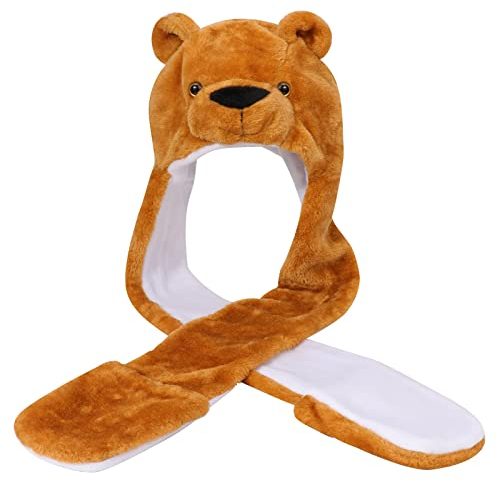 PHOGARY Kapuzen Mütze Schal und Handschuhe Set für Damen, 3-in-1-Mütze Schal und Handschuhe Set Kunstpelz Cartoon Tierhut Bär Schal und Mütze für Cosplay Kostüme Karnevalskostüme, Brauner Bär